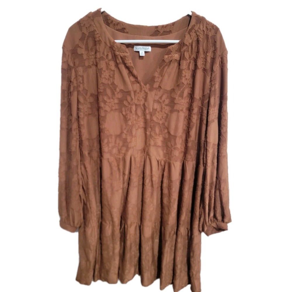 NorthStyle‎ 2X Dress Rust Brown Burnout Floral Boho Tiered Long Sleeve Lined